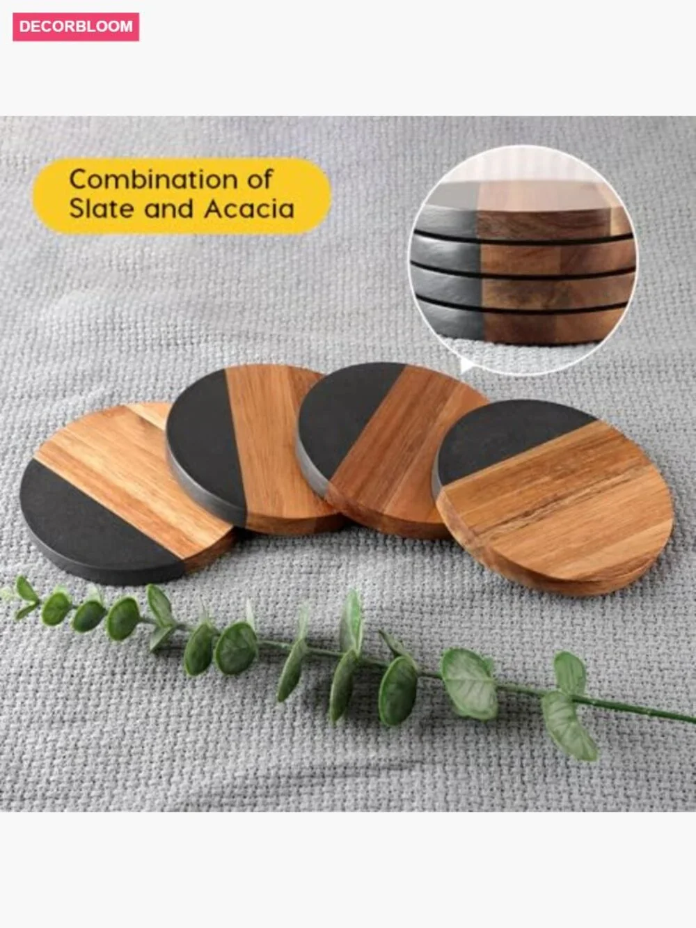 Set of 4 Acacia Wood and Marble Drink Coasters with Non-Slip Pads